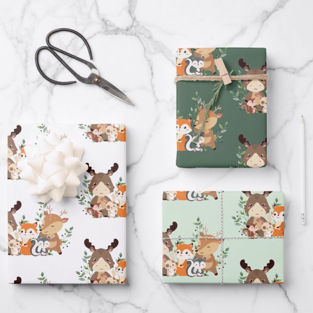 Grünholzpapier für niedliche Waldtiere Geschenkpapier Set (Vorderseite)