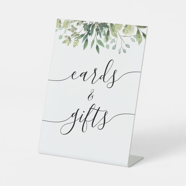 Grünkalligrafie Hochzeitskarten und Geschenke Sockelschild (Vorderseite)