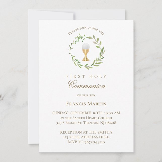 Grünkranz in Aquarellfarbe erste heilige Kommunion Einladung (Vorderseite)