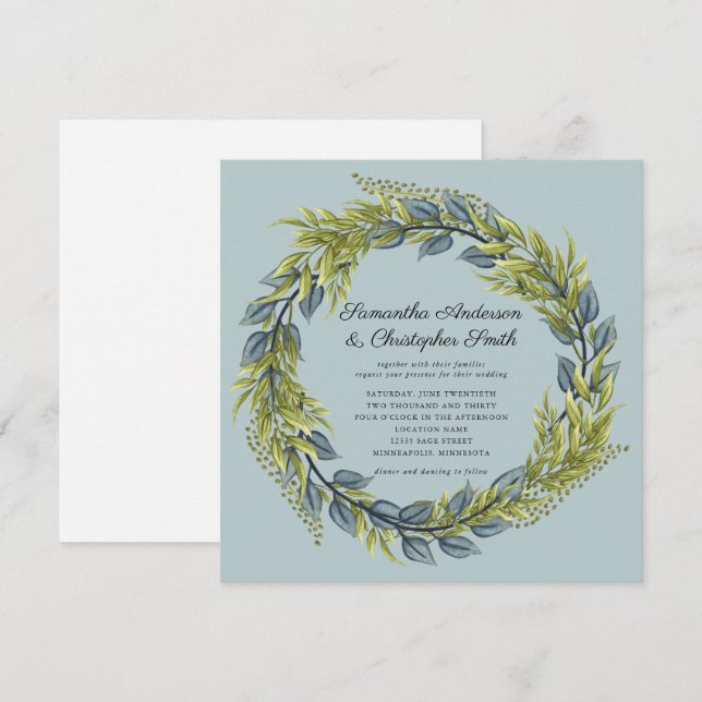 Grünkraut Grün und Dunkle Aquamarine Hochzeit Einladung (Vorne/Hinten)