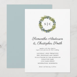 Grünkraut-Monogram-Aquamarine Hochzeit Einladung