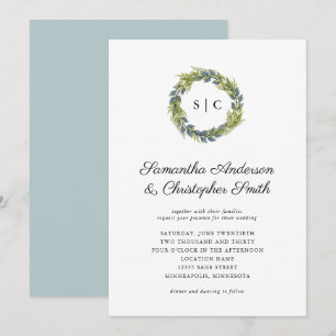 Grünkraut-Monogram-Aquamarine Hochzeit Einladung