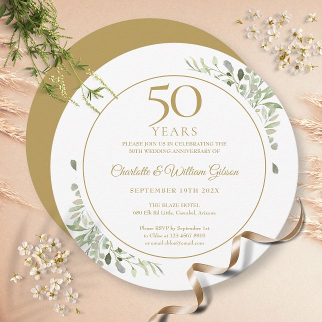 Grünkreis 50. Hochzeitstag Einladung (50th Wedding Anniversary Greenery Circular Invitation)