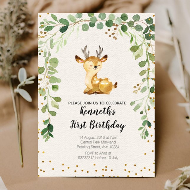 Grünland Woodland Deer Birthday Einladung (Von Creator hochgeladen)