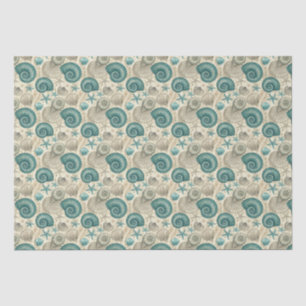 Grünlich-blaue und beige Strandmuschel-Dekupiermus Seidenpapier