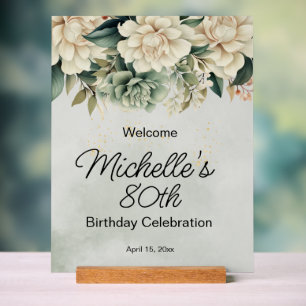 Grünlich Graue Weiße Rosen 80. Geburtstag Acrylschild