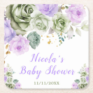 Grünlich-grüne und violette florale Babyparty Rechteckiger Pappuntersetzer