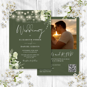 Grünlichter QR Code Foto Olive Green Wedding Einladung