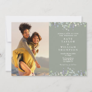 Grünlilien Flieder Floral Salbeigrüne Foto-Hochzei Einladung