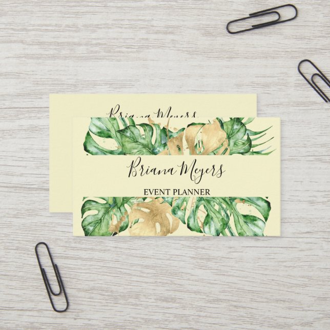 Grünpalme Blätter Gold Tropic Yellow Visitenkarte (Vorderseite/Rückseite Beispiel)