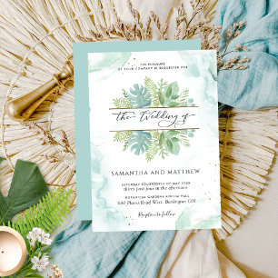 Grünpflanzen, Aquarellblau und Grüne Hochzeit Einladung