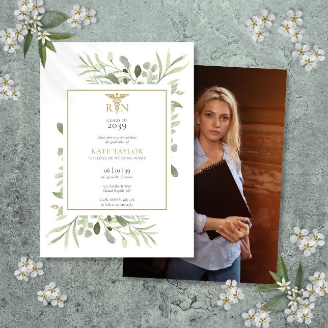 Grünpflanzen Blätter RN Abschluss Foto Einladung (Greenery Leaves RN Nursing Graduation Photo Invitation)
