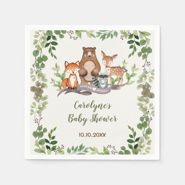 Grünpflanzen Botanische Woodland Tiere Kinderdusch Serviette (Vorderseite)