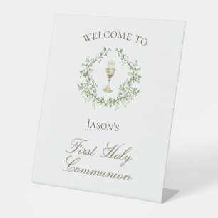 Grünpflanzen des ersten Kommunion Chalice Wappen Sockelschild