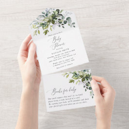 Grünpflanzen, Eukalyptus-Blätter, Boho, Babydusche All In One Einladung