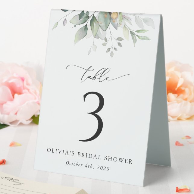 Grünpflanzen, Eukalyptus-Blätter, Boho, Tischnumme Tischaufsteller (In Situ (Hochzeit))