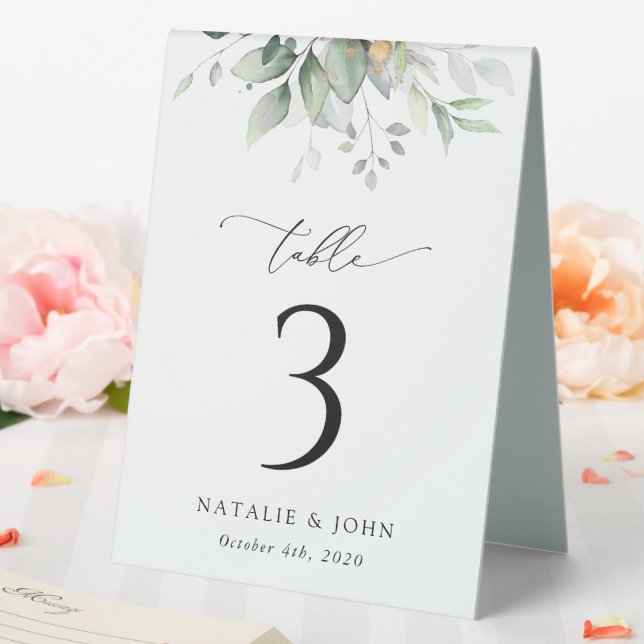 Grünpflanzen, Eukalyptus-Blätter, Boho, Tischnumme Tischaufsteller (In Situ (Hochzeit))