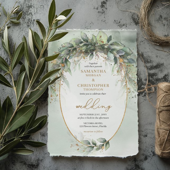 Grünpflanzen Eukalyptus Blattgold Hochzeit Einladung (EDITABLE Trendy watercolor greenery eucalyptus gold frame wedding invitation template )