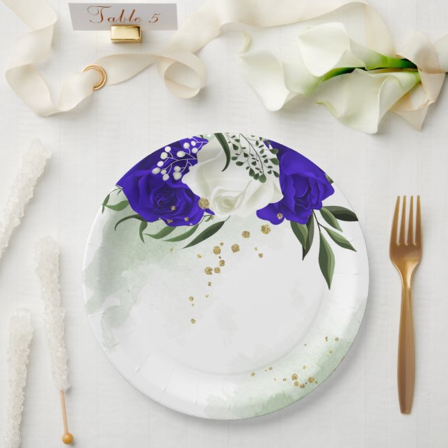Grünpflanzen in königsblauen und weißen Blume Pappteller (Hochzeit)