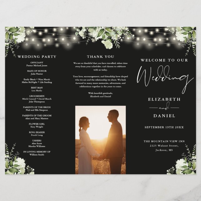 Grünpflanzen-Lichterkette Trifold Hochzeitsprogram Flyer (Vorne)