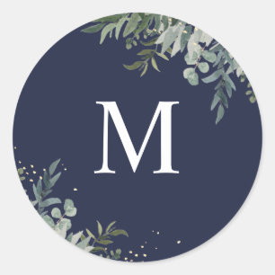 Grünpflanzen   Navy Monogram Wedding Umschlag Aufk Runder Aufkleber