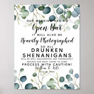 Grünpflanzen Open Bar wedding sign eucalyptus Poster