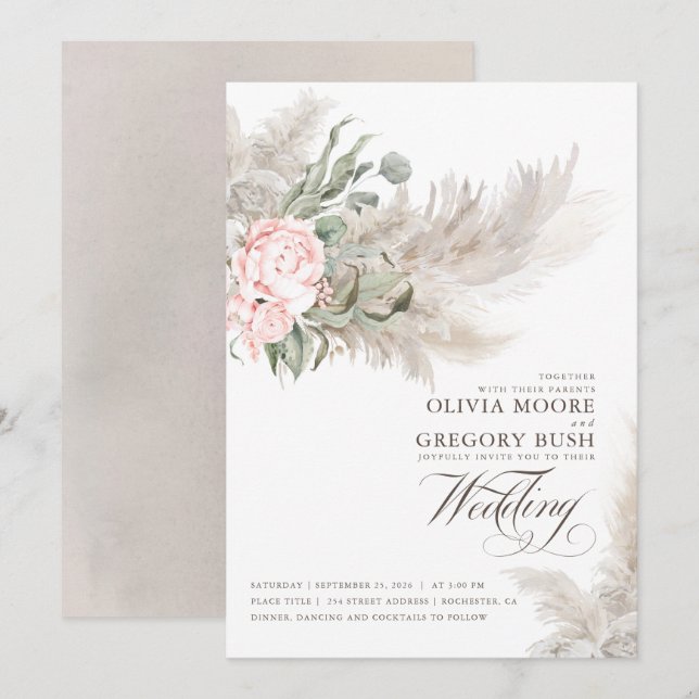 Grünpflanzen Pink Blume Pampas Grass Wedding Einladung (Vorne/Hinten)