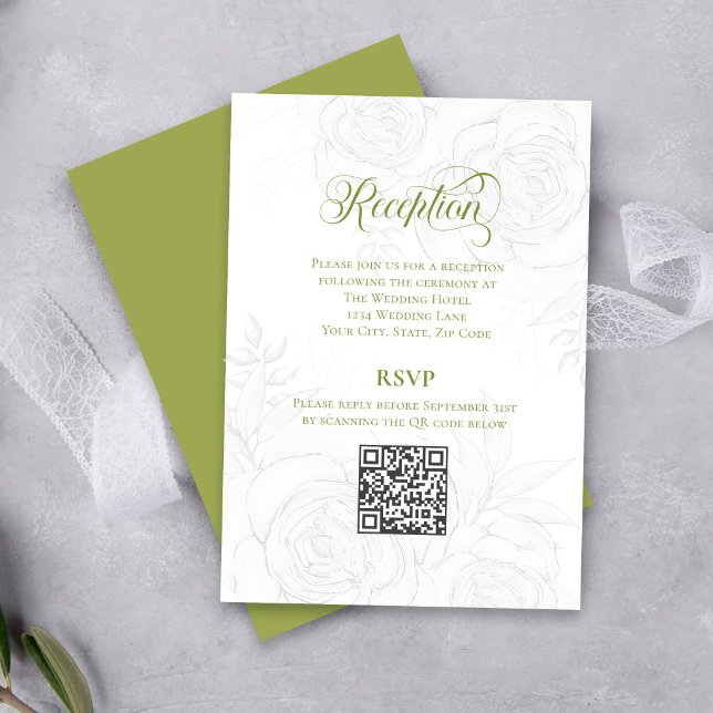 Grünpflanzen-Script Hochzeits-QR-Code-Empfangskart Begleitkarte (Elegant greenery script wedding reception card with QR code RSVP and soft floral sketch design)