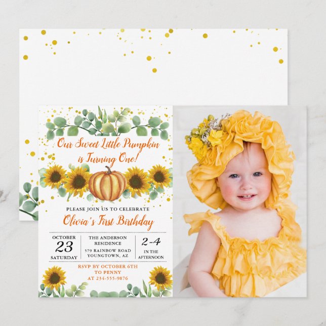Grünpflanzen Sonnenblumen Pumpkin Herbst Geburtsta Einladung (Vorne/Hinten)