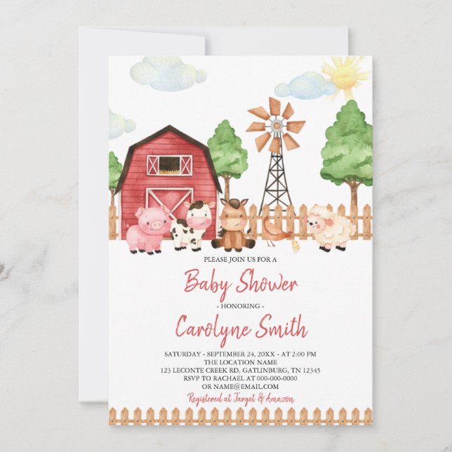 Grünpflanzen Tiere Barnyard Baby Shower Invitat Einladung (Vorderseite)
