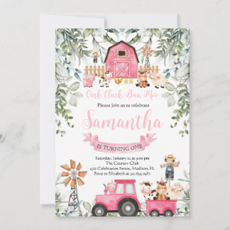 Grünpflanzen Tiere Barnyard Pink Girl Geburtstag Einladung