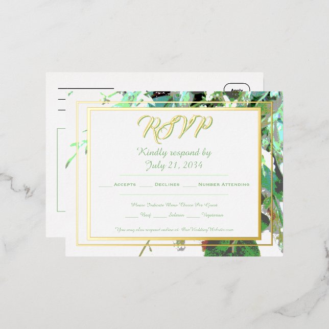 Grünpflanzen und botanische Hochzeiten Folie Einladungspostkarte (Vorderseite/Rückseite)
