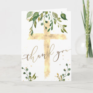 Grünpflanzen und falsches Goldfolienkreuz Danke Karte