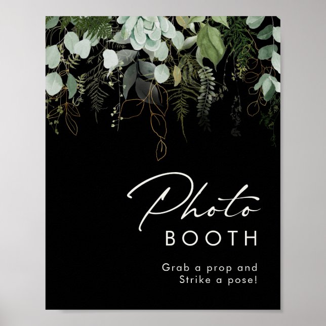 Grünpflanzen und Gold | Black Foto Booth Sign Poster (Vorne)