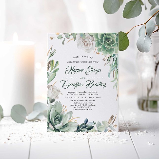 Grünpflanzen und Gold | Rustikales Gartenengagemen Einladung (Succulents and White Flowers Greenery Engagement Party Invitations)