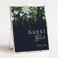 Grünpflanzen und Goldleaf | Dark Navy Guest Book S