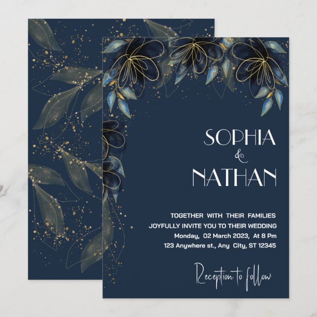 Grünpflanzen und Goldleaf | Dunkle Hochzeit der Ma Einladung (Vorne/Hinten)