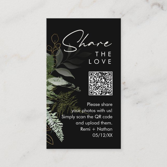 Grünpflanzen und Goldleaf | QR-Code für Fotos frei Platzkarte (Vorderseite)