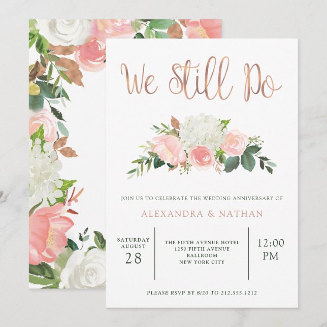 Grünpflanzen und rosa Blumen | Hochzeitstag Einladung (Vorne/Hinten)