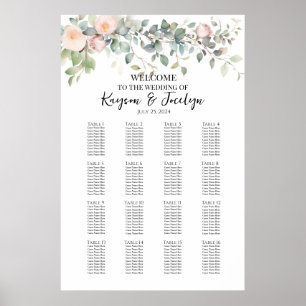 Grünpflanzen und Rose Hochzeitskarte 16 Tische Poster