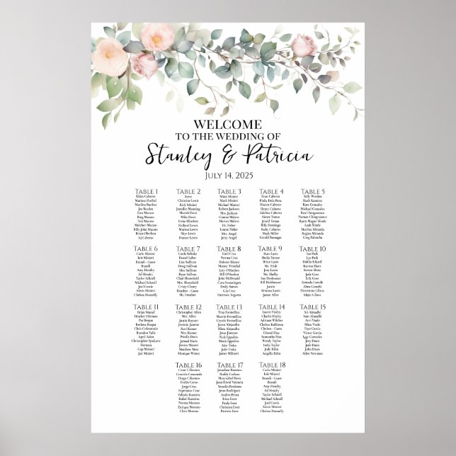 Grünpflanzen und Rose Hochzeitskarte 18 Tische Poster (Vorne)