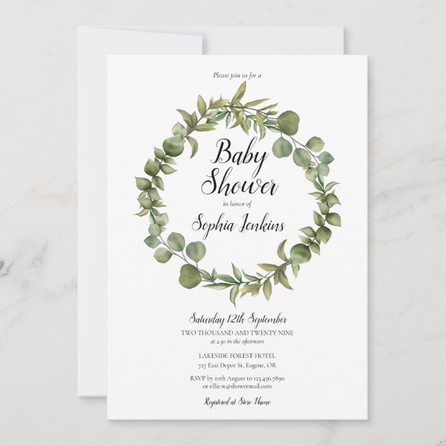 Grünpflanzen von Woodland Eucalyptus Script Baby S Einladung (Vorderseite)