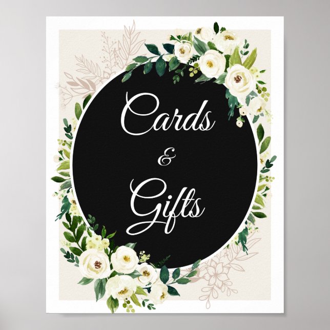 Grünpflanzen Weiße Rosen Blumenkarten und Geschenk Poster (Vorne)