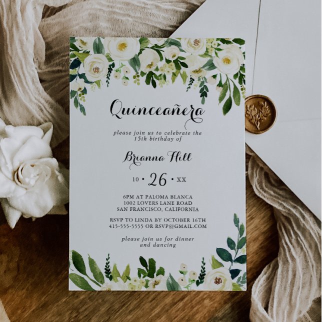 Grünpflanzen Weißer Herbst Flora Quinceañera Einladung (Von Creator hochgeladen)