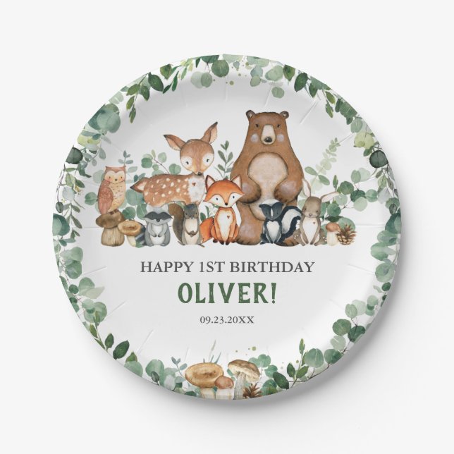 Grünpflanzen Woodland Animals Kinderdusche Geburts Pappteller (Vorderseite)