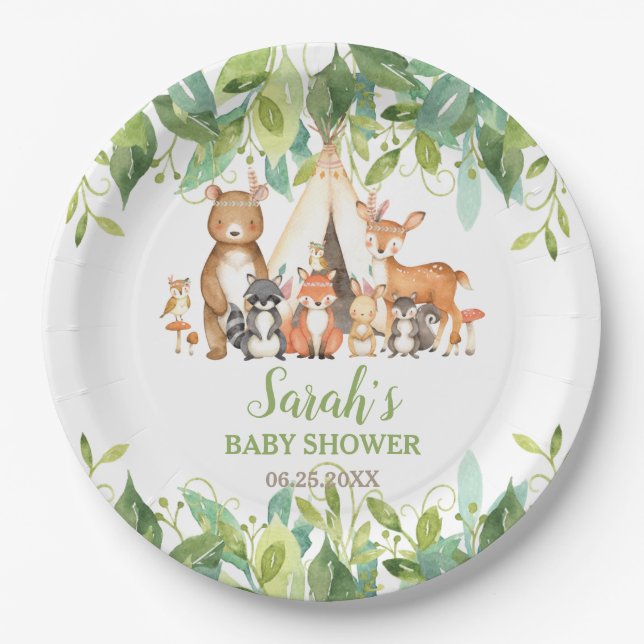 Grünpflanzen Woodland Animals Kinderdusche Geburts Pappteller (Vorderseite)