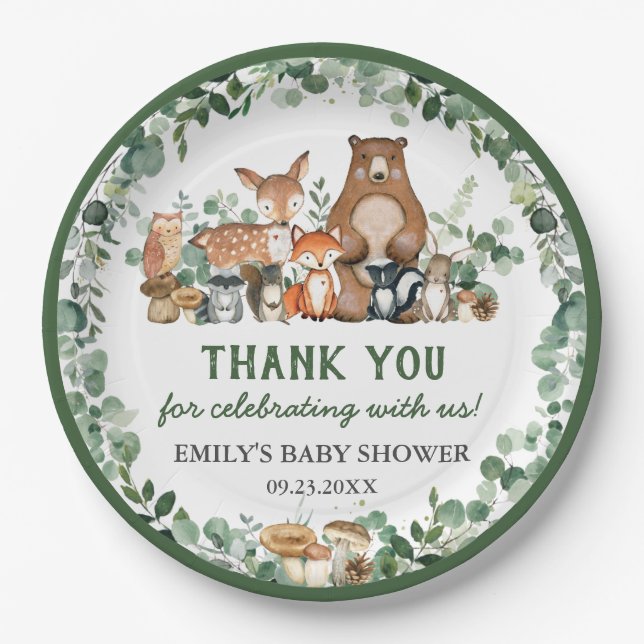 Grünpflanzen Woodland Animals Kinderdusche Geburts Pappteller (Vorderseite)