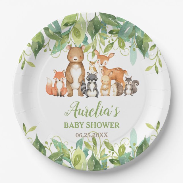 Grünpflanzen Woodland Animals Kinderdusche Geburts Pappteller (Vorderseite)