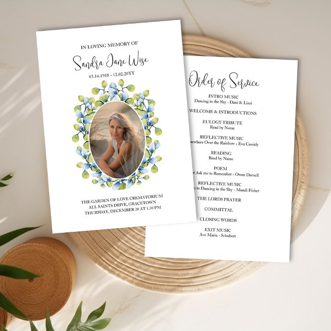 Grünrahmen Foto Beerdigung Bestellung der Servicek Einladung (Funeral Order of Service Program with photo framed with greenery by Darling & May)