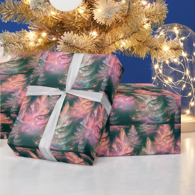 Grünrosa Lila weiße Bäume Moderne Weihnachten Geschenkpapier (Feiertage)